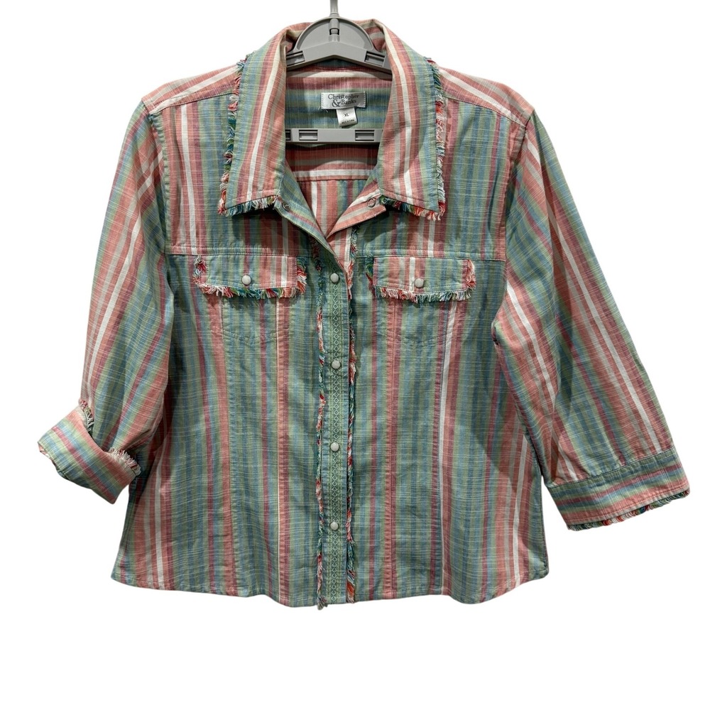Christopher & Banks Womens XL Striped Cotton Snap Front Fringe Trim Shirt Green
